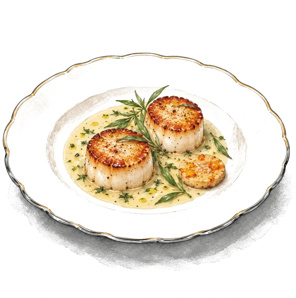 Ink and watercolour drawing of Pan-Seared Scallop