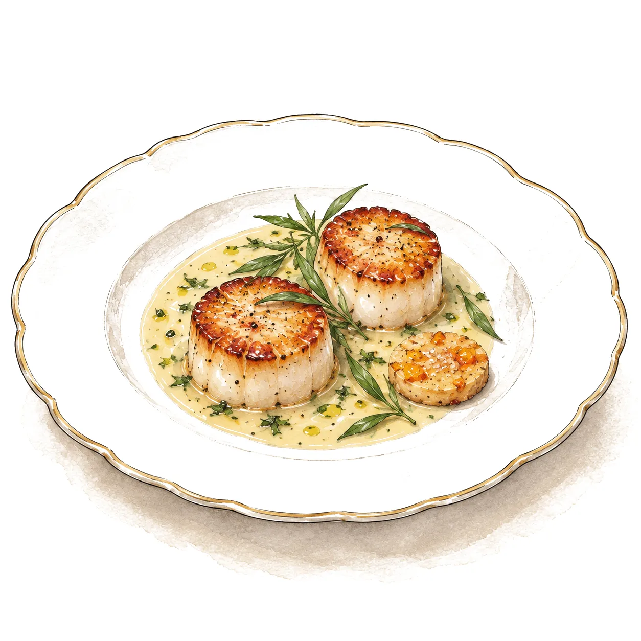 Ink and watercolour drawing of Pan-Seared Scallop