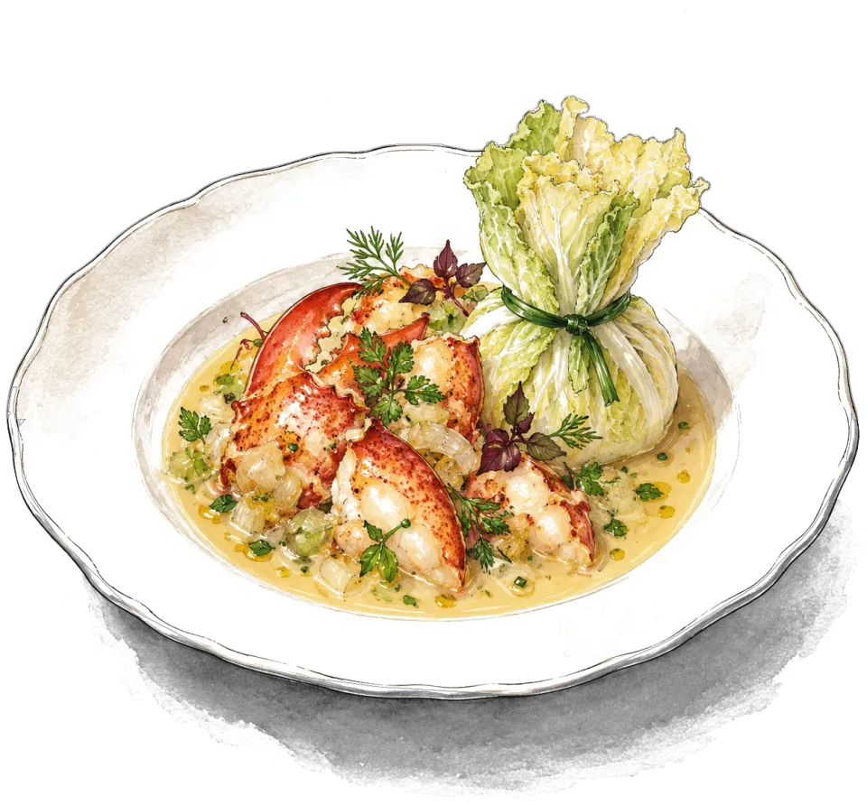 Ink and watercolour drawing of Maine Lobster Étouffée