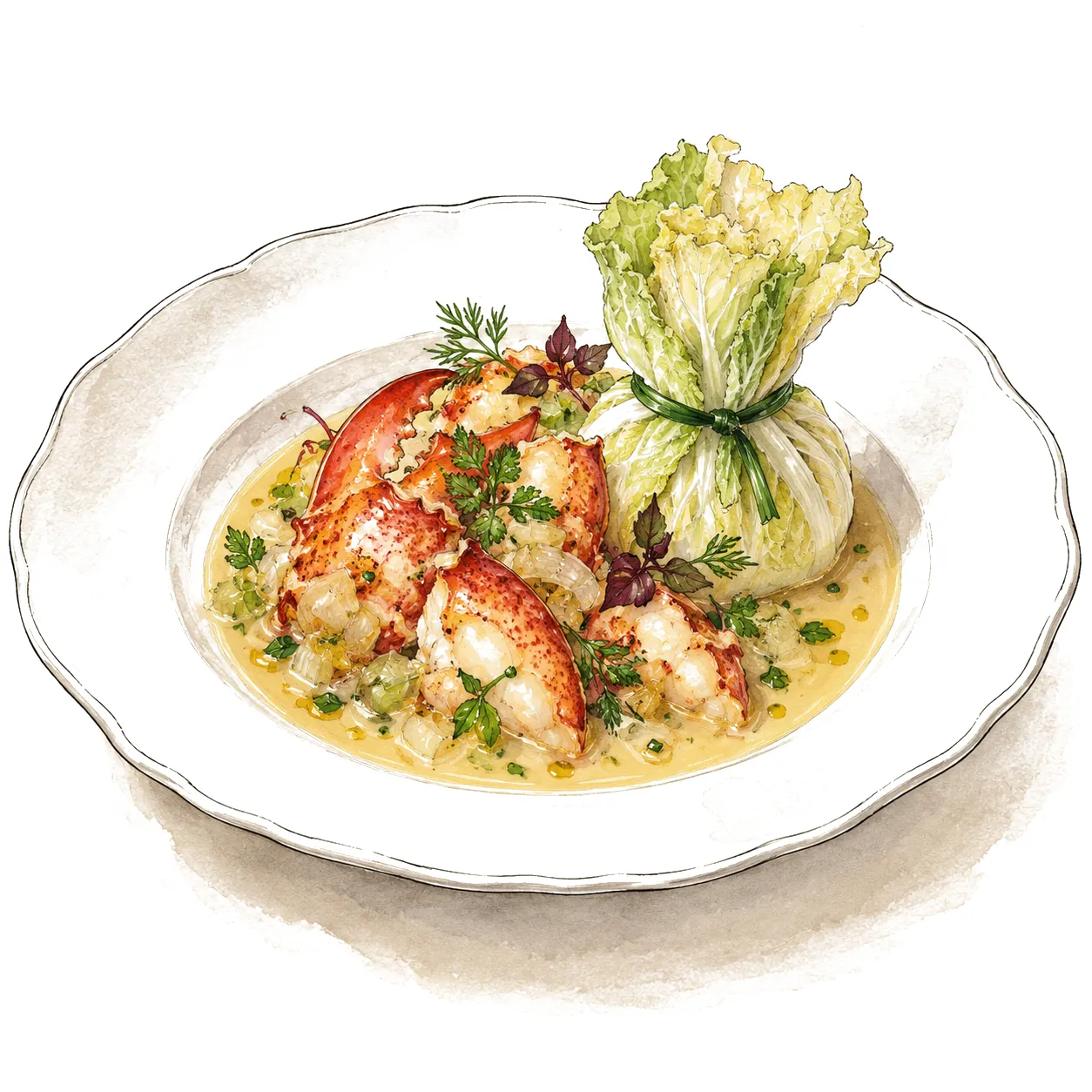 Ink and watercolour drawing of Maine Lobster Étouffée