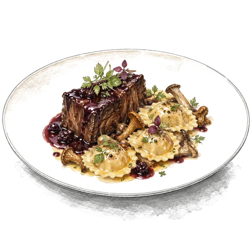 Ink and watercolour drawing of Braised Wagyu Beef Short Rib