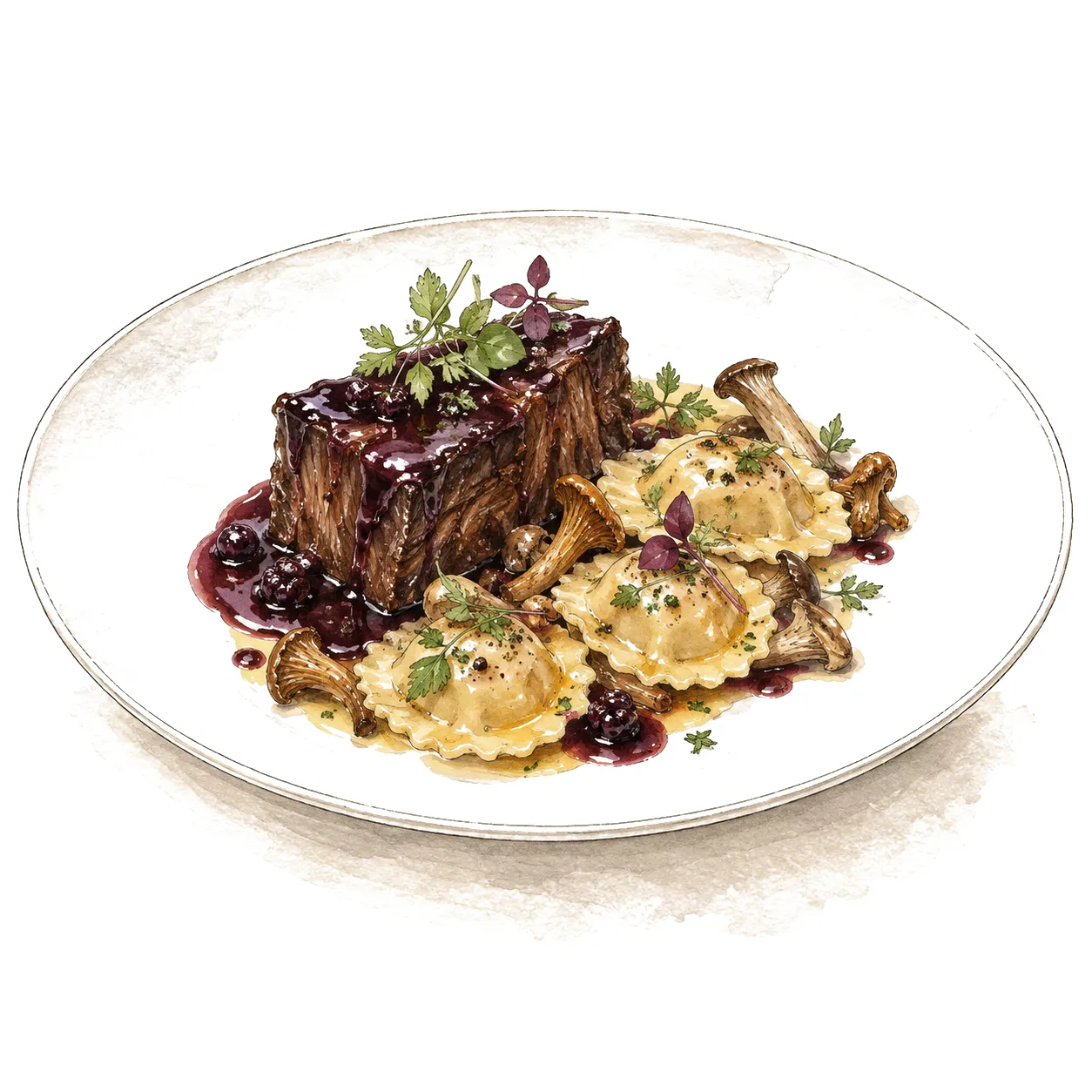 Ink and watercolour drawing of Braised Wagyu Beef Short Rib