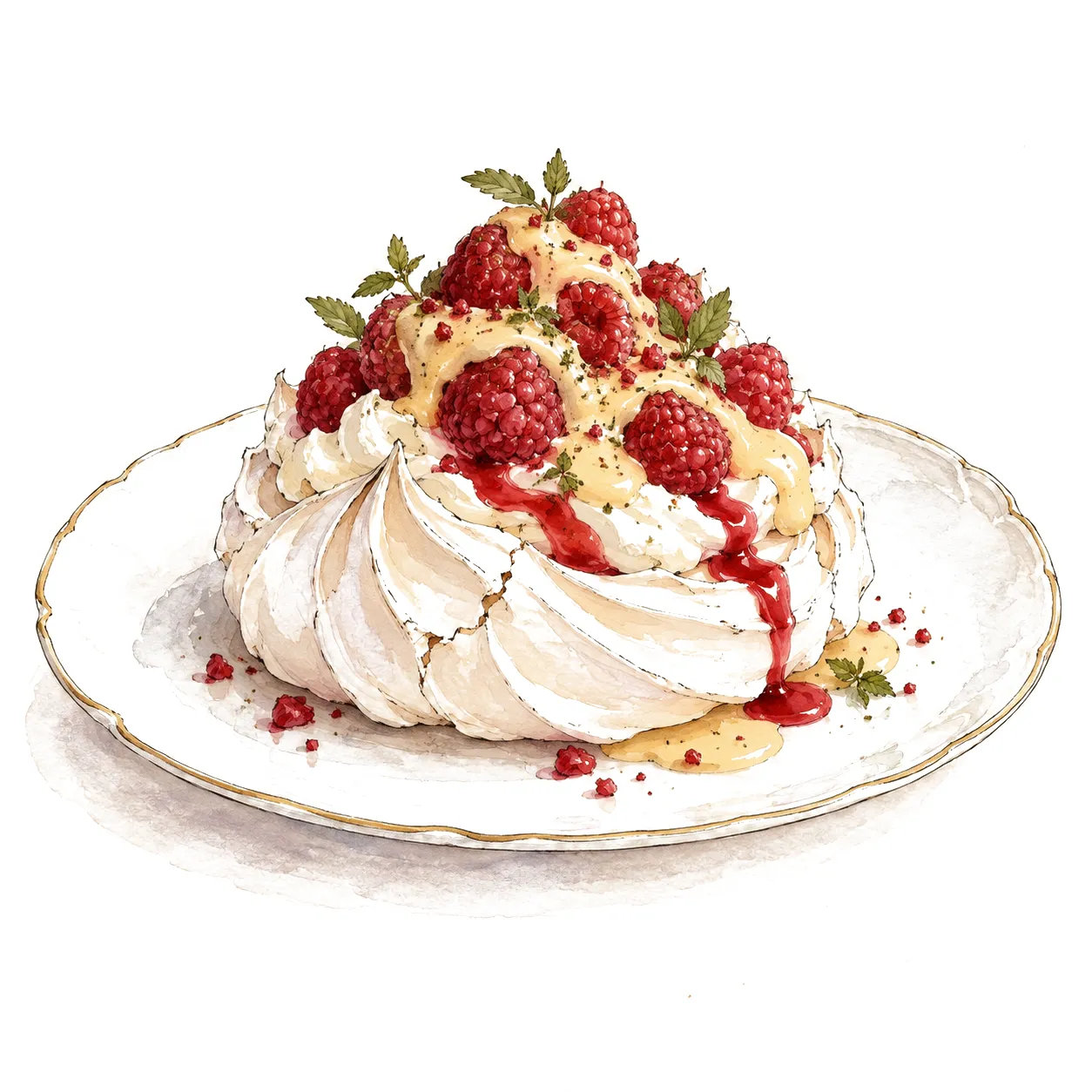 Ink and watercolour drawing of Fresh Raspberry Pavlova