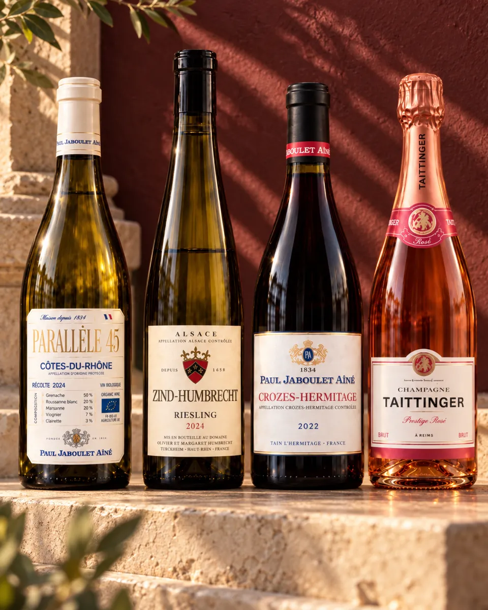 Four bottles on sunlit stone steps against a burgundy wall: Paul Jaboulet Aîné Parallèle 45 Côtes-du-Rhône, Zind-Humbrecht Riesling, Paul Jaboulet Aîné Crozes-Hermitage and Taittinger Prestige Rosé.