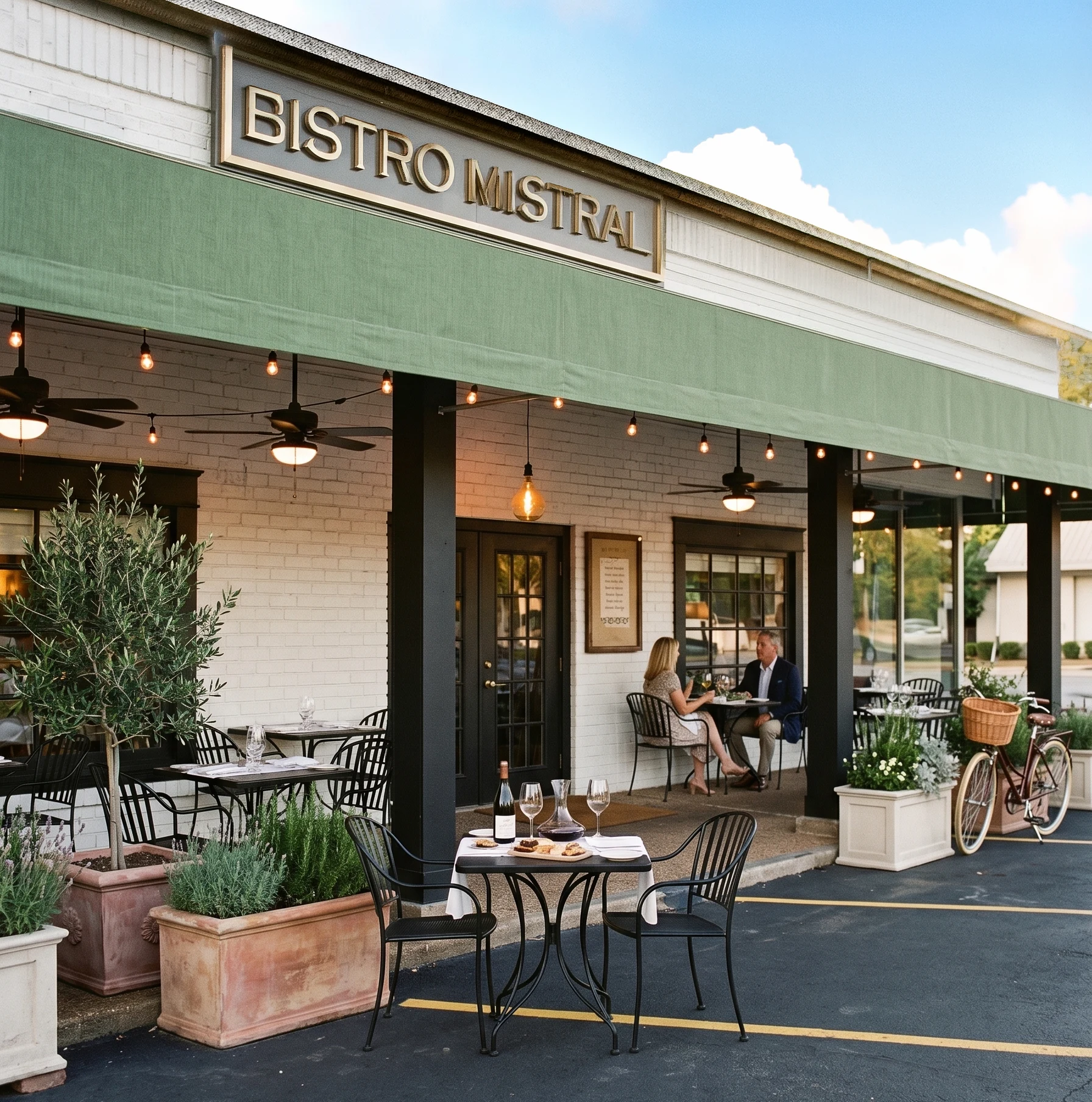 Bistro Mistral Memorial facade — brass signage on sage green awning over a warm outdoor patio with olive trees and market lights