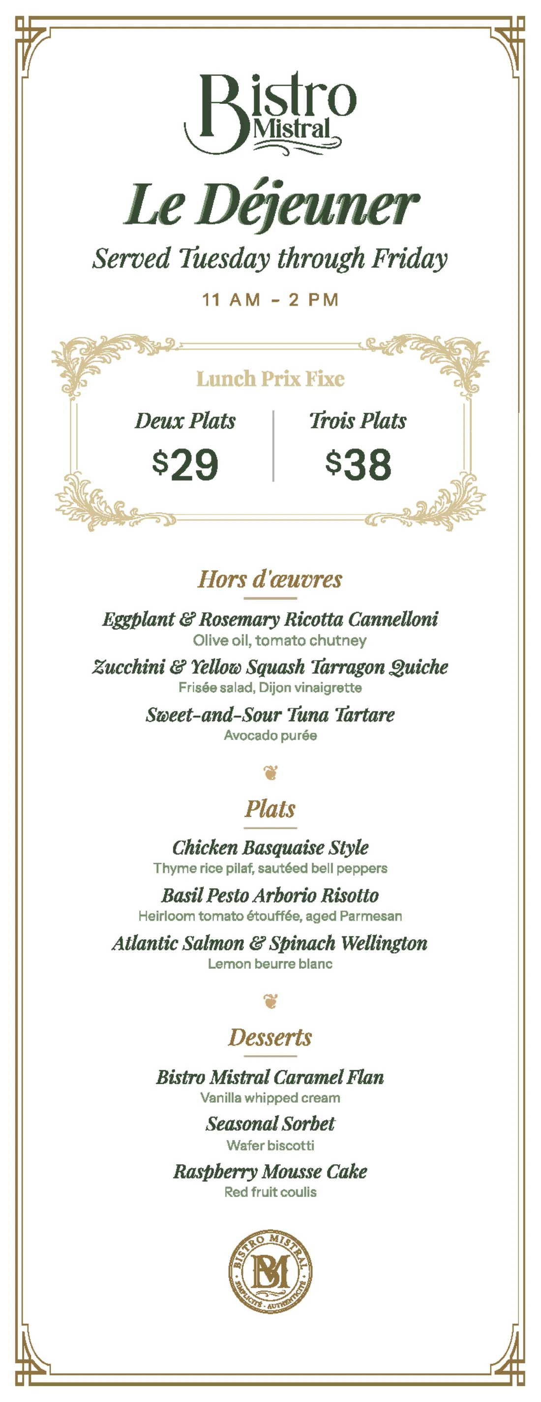 Bistro Mistral Lunch Special — printed menu
