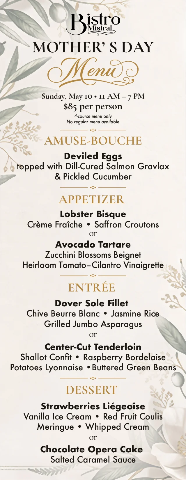 Mother's Day at Bistro Mistral — printed menu